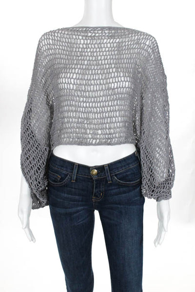 Anna Kosturova Gray Cotton Open Knit Tie Tassel Cropped Sweater Top One Size