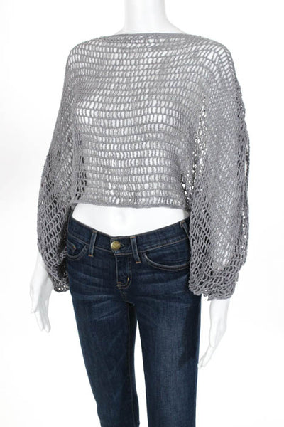 Anna Kosturova Gray Cotton Open Knit Tie Tassel Cropped Sweater Top One Size