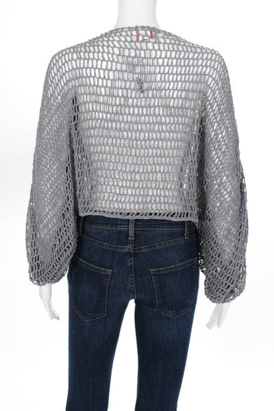 Anna Kosturova Gray Cotton Open Knit Tie Tassel Cropped Sweater Top One Size