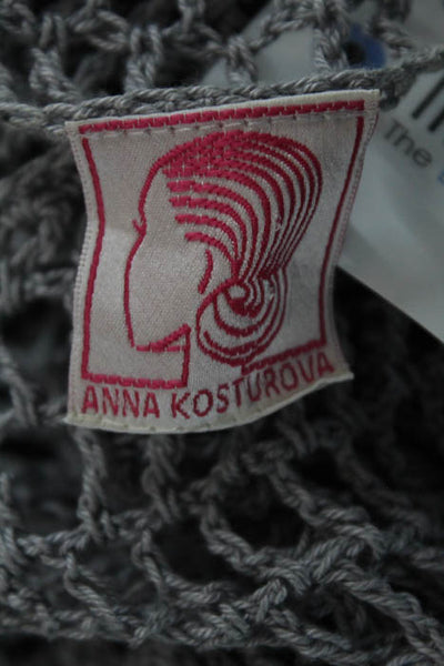 Anna Kosturova Gray Cotton Open Knit Tie Tassel Cropped Sweater Top One Size