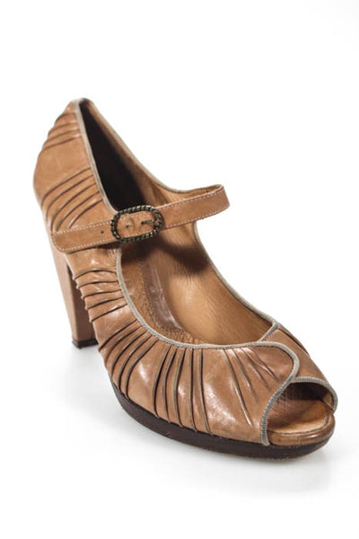 Chie Mihara Tan Ruched Leather Open Toe Mary Jane Pumps Size 39 9