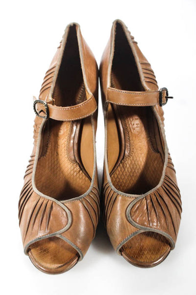 Chie Mihara Tan Ruched Leather Open Toe Mary Jane Pumps Size 39 9