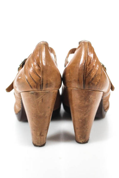 Chie Mihara Tan Ruched Leather Open Toe Mary Jane Pumps Size 39 9