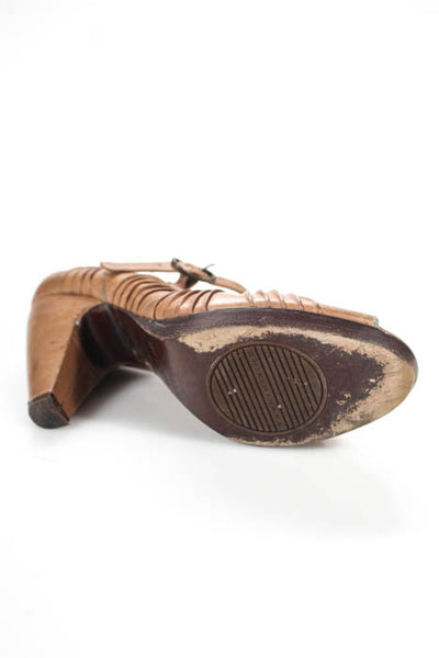 Chie Mihara Tan Ruched Leather Open Toe Mary Jane Pumps Size 39 9