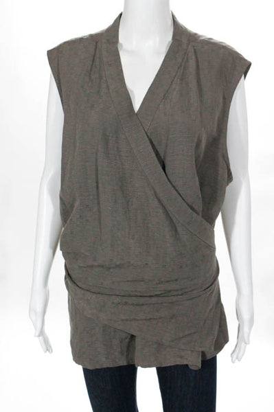 Eileen Fisher Woman Gray Woven Print V Neck Tie Closure Wrap Blouse Size Large