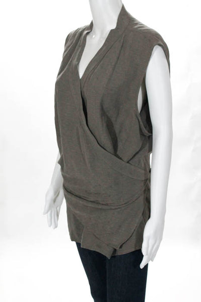 Eileen Fisher Woman Gray Woven Print V Neck Tie Closure Wrap Blouse Size Large