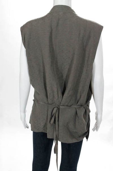 Eileen Fisher Woman Gray Woven Print V Neck Tie Closure Wrap Blouse Size Large