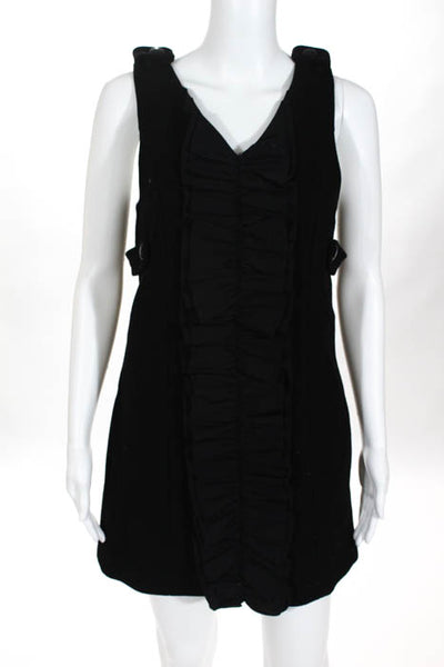 Manoush Black Wool V Neck Ruched Panel Button Detail Zip Back Shift Dress Size 4