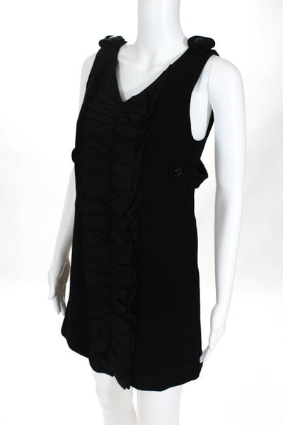 Manoush Black Wool V Neck Ruched Panel Button Detail Zip Back Shift Dress Size 4