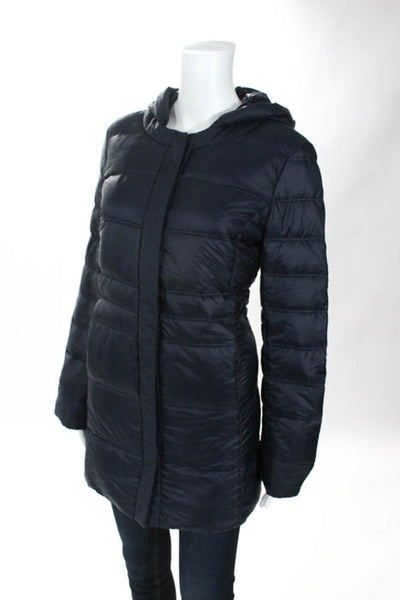 Coatology New York Navy Blue Zipper Snap Up Front Hooded Puffer Coat Size Medium