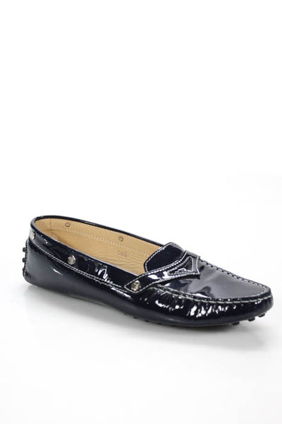 Tods Navy Blue Patent Leather Contrast Stitched Loafers Size 8.5