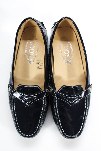 Tods Navy Blue Patent Leather Contrast Stitched Loafers Size 8.5