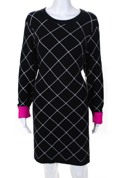 Eliza J Navy White Grid Print Crewneck Long Sleeve Sweater Dress Size Large JG12