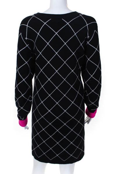 Eliza J Navy White Grid Print Crewneck Long Sleeve Sweater Dress Size Large JG12