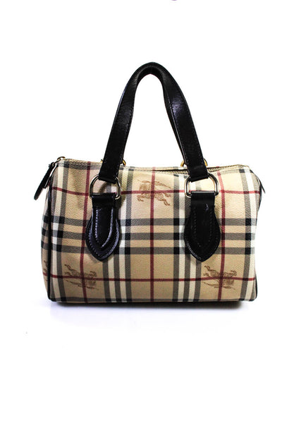 Burberry Womens Zip Top Leather Trim Plaid Chester Bowler Handbag Beige