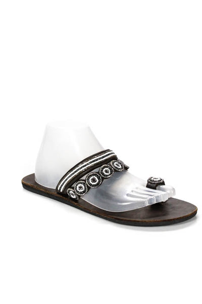 Global Girls Brown Leather Beaded Toe Strap Sandals Size 40 10 NEW