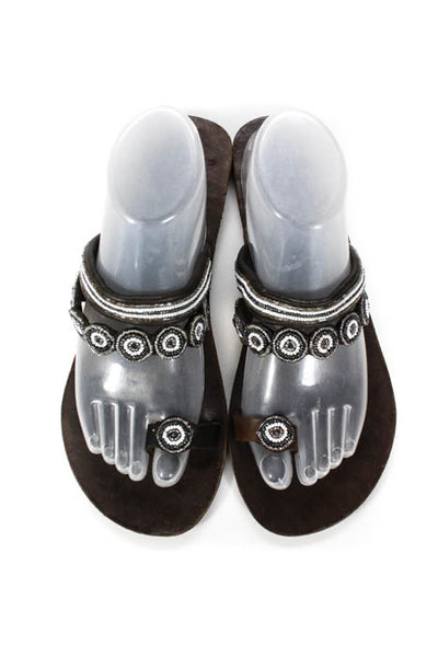 Global Girls Brown Leather Beaded Toe Strap Sandals Size 40 10 NEW