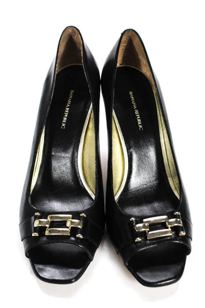 Banana Republic Black Gold Leather Open Toe Embellished Tall Peep Toe Pumps 7.5