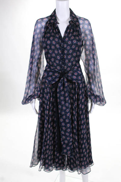 Luisa Beccaria Navy Blue Silk Floral Sheer Overlay Mid Calf Dress Size IT 42