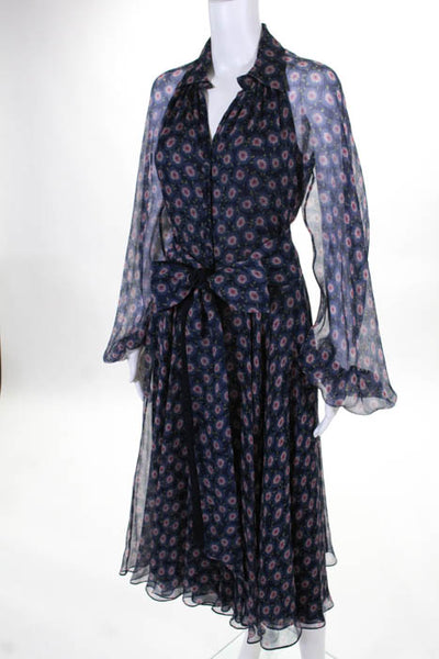 Luisa Beccaria Navy Blue Silk Floral Sheer Overlay Mid Calf Dress Size IT 42