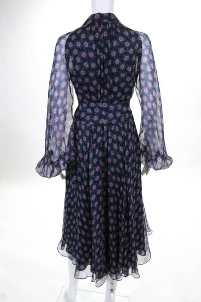 Luisa Beccaria Navy Blue Silk Floral Sheer Overlay Mid Calf Dress Size IT 42