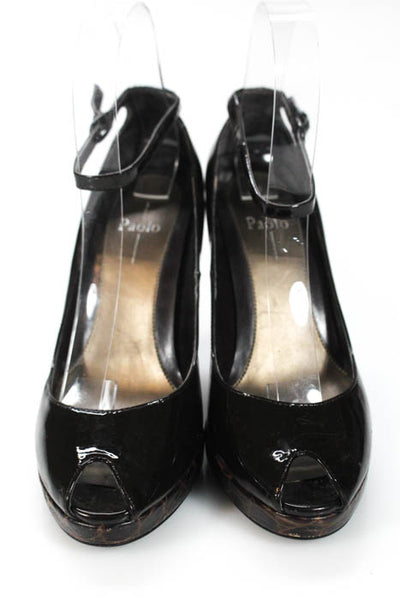 Linea Paolo Dark Brown Patent Leather Peep Toe Ankle Strap Pumps Size 36 6
