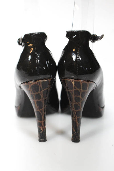 Linea Paolo Dark Brown Patent Leather Peep Toe Ankle Strap Pumps Size 36 6