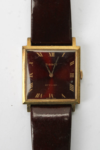 Tissot Unisex Vintage 18K Gold Plated Red Dial Square Stylist Quartz Watch 27mm