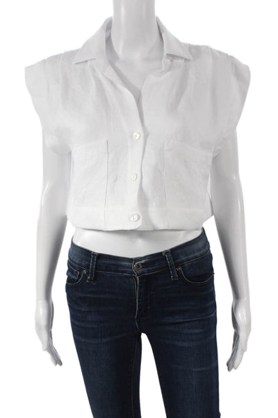 JBQ Women Cropped Collared Sleeveless Hemp White Blouse Spring Size S