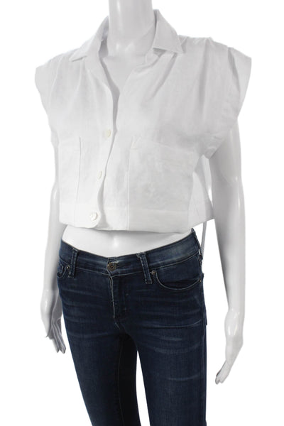 JBQ Women Cropped Collared Sleeveless Hemp White Blouse Spring Size S
