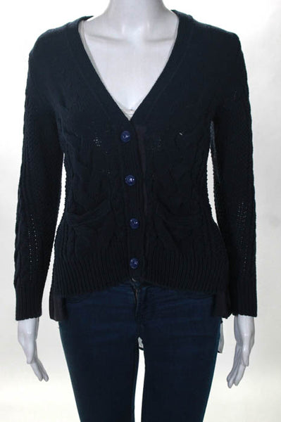 Sacai Navy Blue Cotton Cable Knit Removable Striped Hem Cardigan Size 2