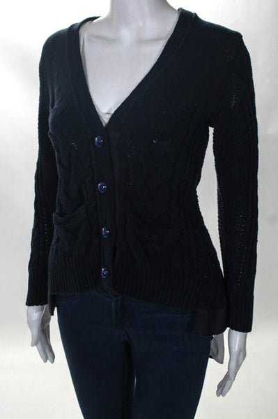 Sacai Navy Blue Cotton Cable Knit Removable Striped Hem Cardigan Size 2
