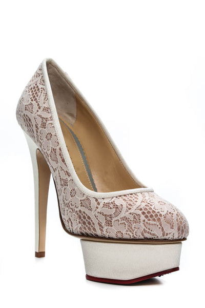 Charlotte Olympia Cream Lace Polly Platform Pumps Size 35.5 5.5 New In Box $890