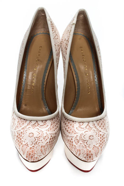 Charlotte Olympia Cream Lace Polly Platform Pumps Size 35.5 5.5 New In Box $890