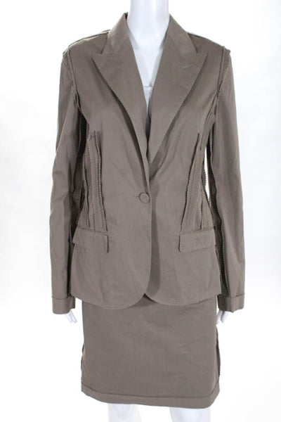 JeanPaulGaultier Taupe Cotton Button LongSleeve Embellished Blazer Skirt Suit