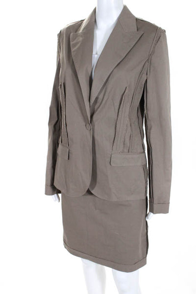 JeanPaulGaultier Taupe Cotton Button LongSleeve Embellished Blazer Skirt Suit