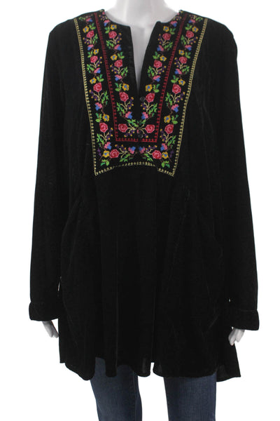 Free People Womens Tunic Black Floral V-Neck Long Sleeve Button Size M