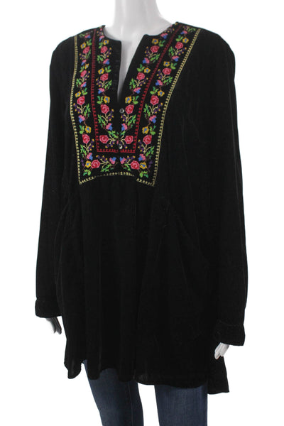 Free People Womens Tunic Black Floral V-Neck Long Sleeve Button Size M