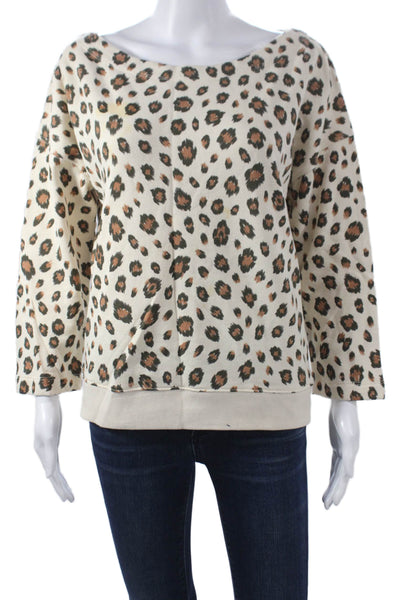 J Crew Womens Pullover Sweatshirt Beige Animal Print Cotton Boat Neck Size M