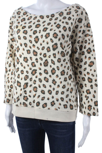 J Crew Womens Pullover Sweatshirt Beige Animal Print Cotton Boat Neck Size M