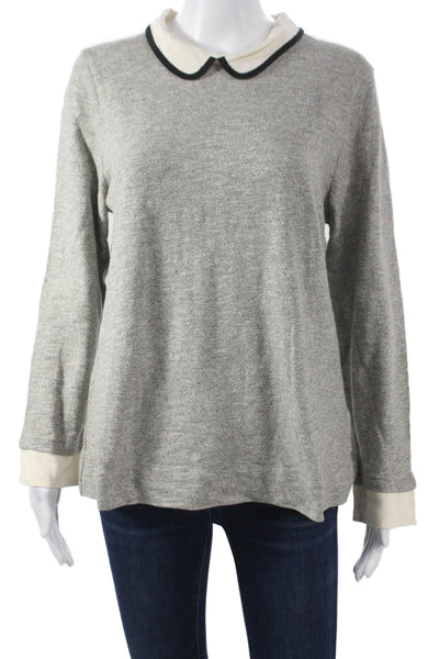 J Crew Women Collared Cotton Pullover Sweater Gray Long Sleeve Zip Size L