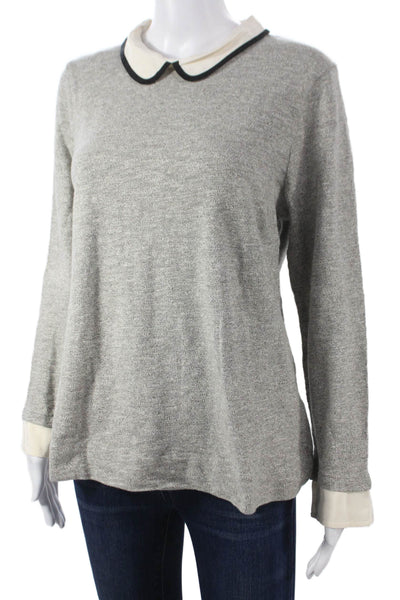 J Crew Women Collared Cotton Pullover Sweater Gray Long Sleeve Zip Size L