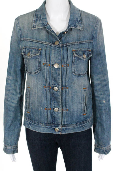 J Crew Blue Cotton Ripped Denim Button Front Jean Jacket Size Small
