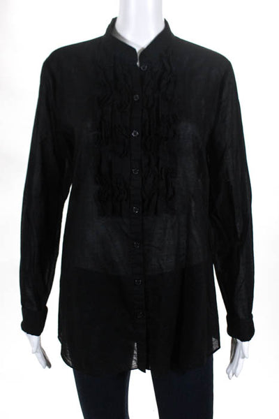 Tahari Black Cotton Ruffled Front Button Down Long Sleeve Shirt Size Large