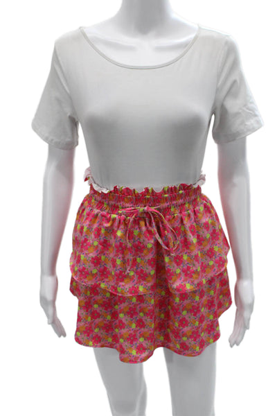 Love Shack Fancy Women Pink Floral A-Line Skirt Polyester Drawstring Size M