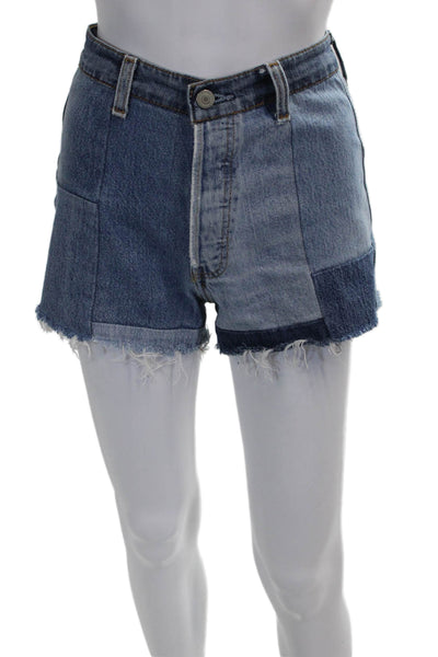 Re/Done Women Cut-Off Patchwork Cotton Blue Button Shorts Size 24