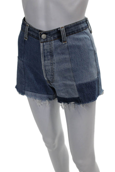 Re/Done Women Cut-Off Patchwork Cotton Blue Button Shorts Size 24