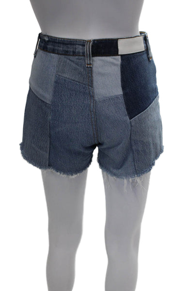 Re/Done Women Cut-Off Patchwork Cotton Blue Button Shorts Size 24