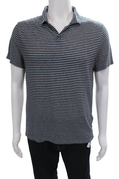 ONIA Mens Linen Striped Polo Shirt Navy Blue White Size Medium