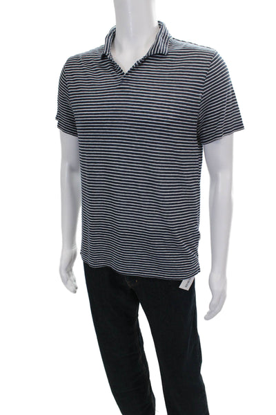ONIA Mens Linen Striped Polo Shirt Navy Blue White Size Medium